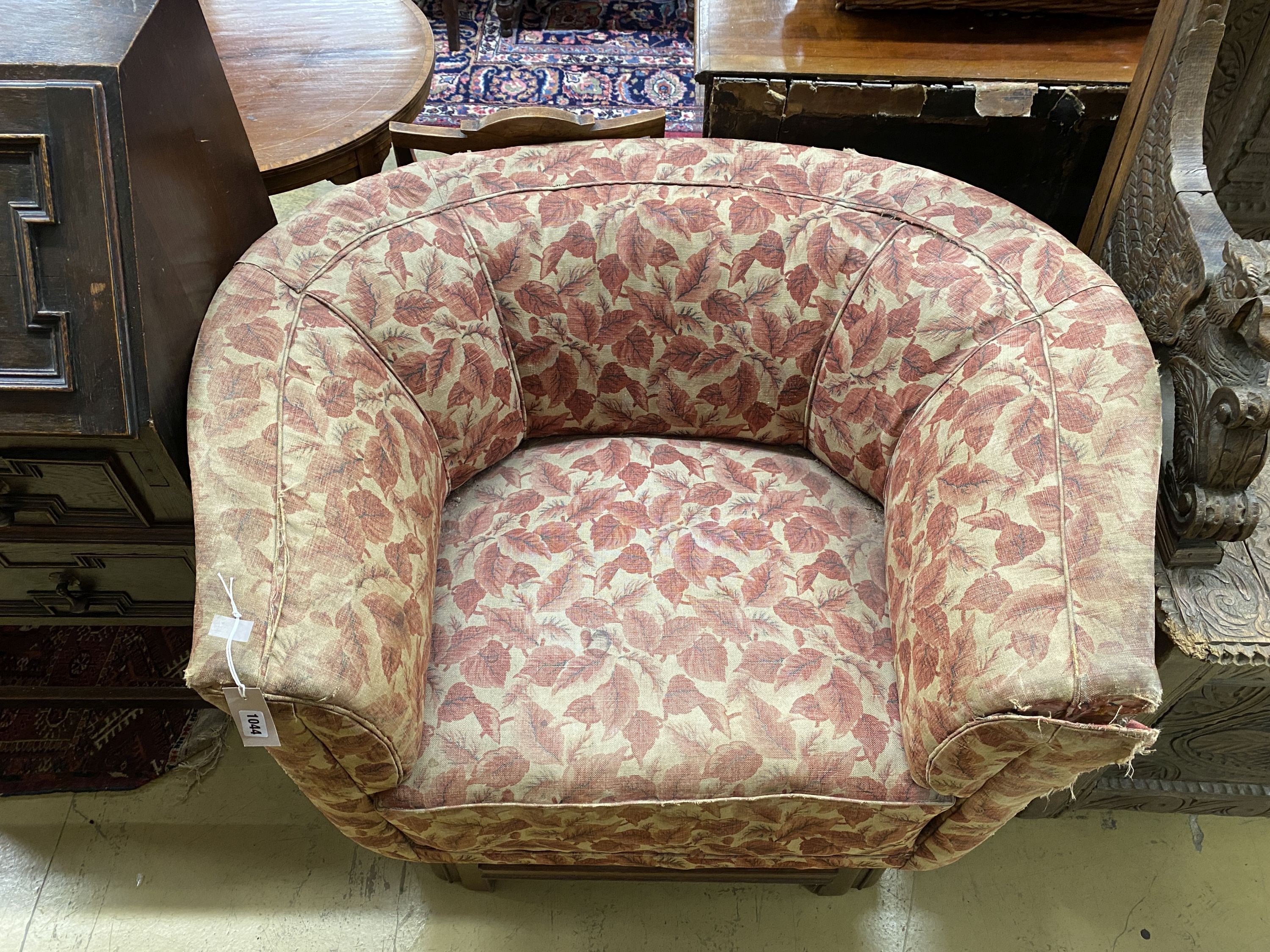 An Art Deco upholstered walnut large tub framed chair in the style of Betty Joel, width 102cm, depth 80cm, height 75cm